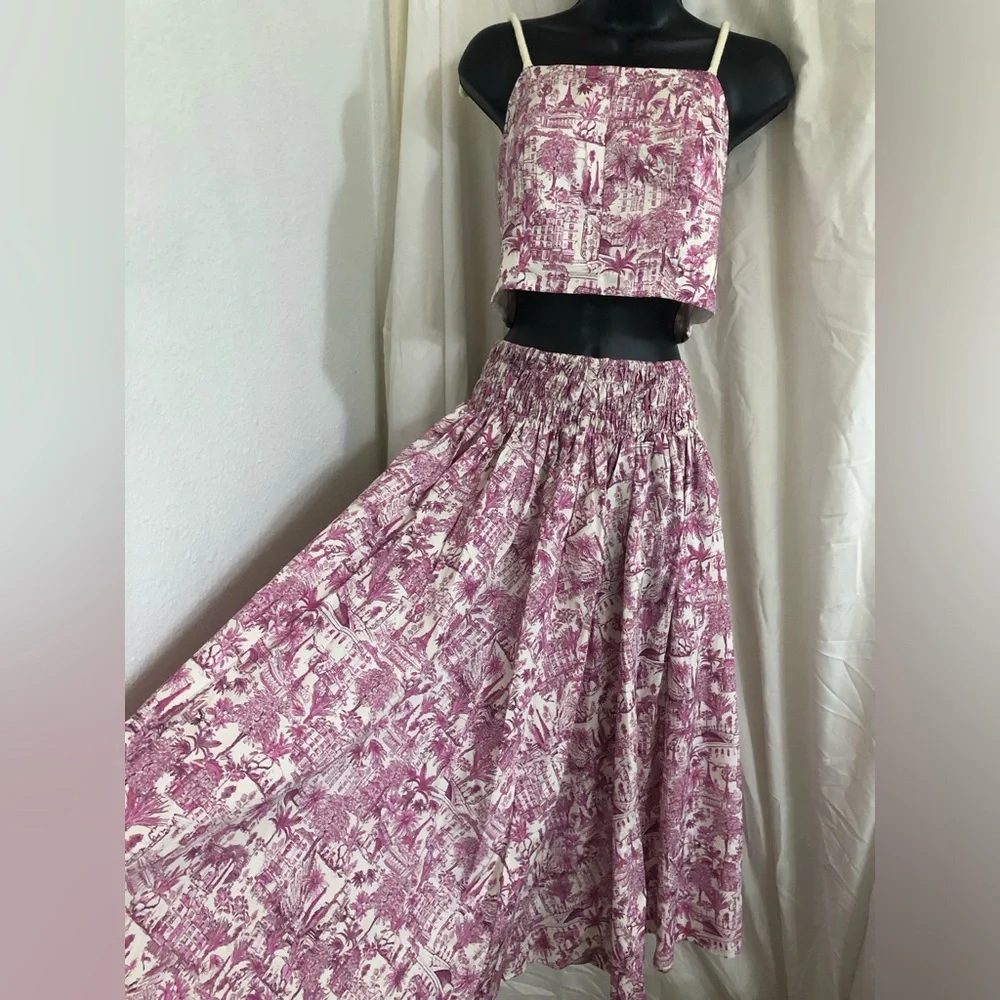 Joie 2pc pink white multi nautical strap crop top & smocked skirt set size Small